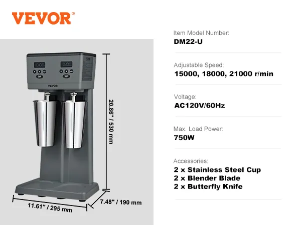Batidora VEVOR dm22-u con potencia de 750w, ac120v/60hz, dos tazas de acero inoxidable y velocidad ajustable.