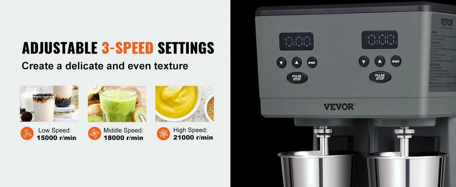 Máquina para hacer malteadas VEVOR con 3 velocidades ajustables para una textura delicada y uniforme.