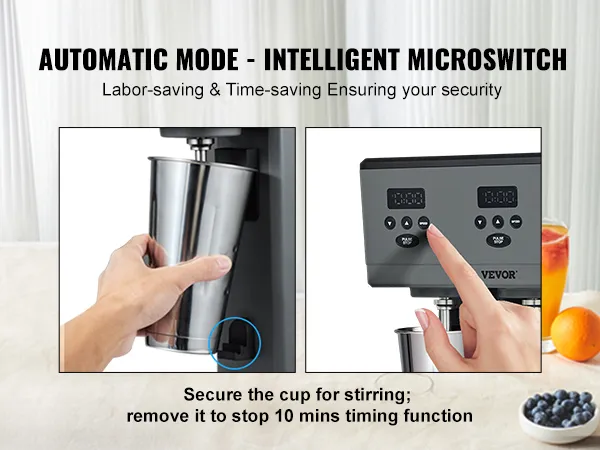 Máquina para hacer malteadas VEVOR con modo automático, microinterruptor inteligente, portavasos dobles y pantalla de temporizador.