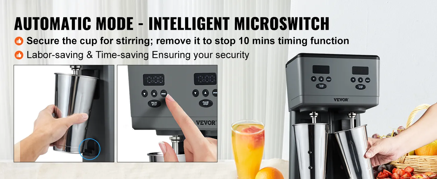 Máquina para hacer malteadas VEVOR con modo automático, microinterruptor inteligente, portavasos dobles y pantalla de temporizador.