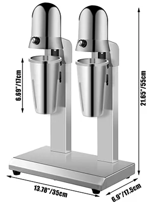 Máquina para hacer batidos VEVOR con dos vasos de acero inoxidable y dimensiones mostradas.