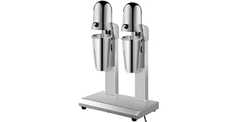 Batidora VEVOR de doble cabezal con vasos de licuado de acero inoxidable sobre una base blanca.