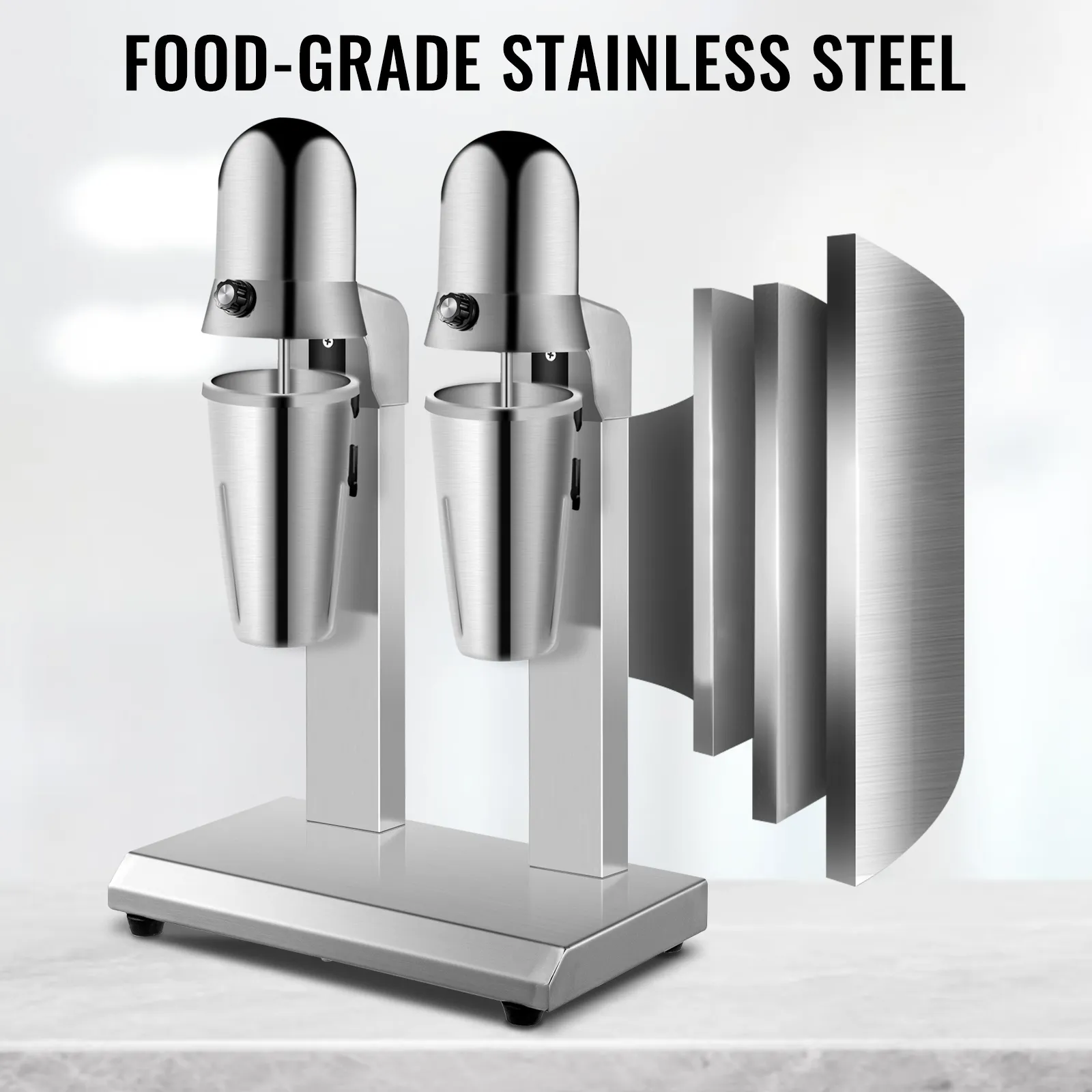 Batidora VEVOR en acero inoxidable apto para uso alimentario con dos vasos de mezcla.