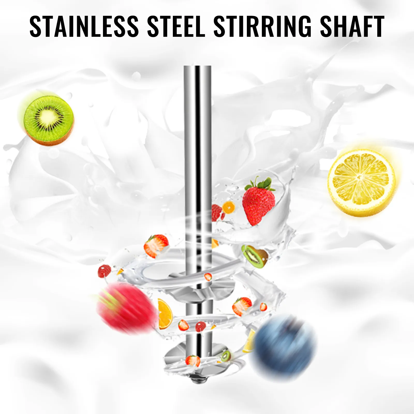 Máquina para hacer batidos VEVOR, eje agitador de acero inoxidable con efectos de frutas y salpicaduras.