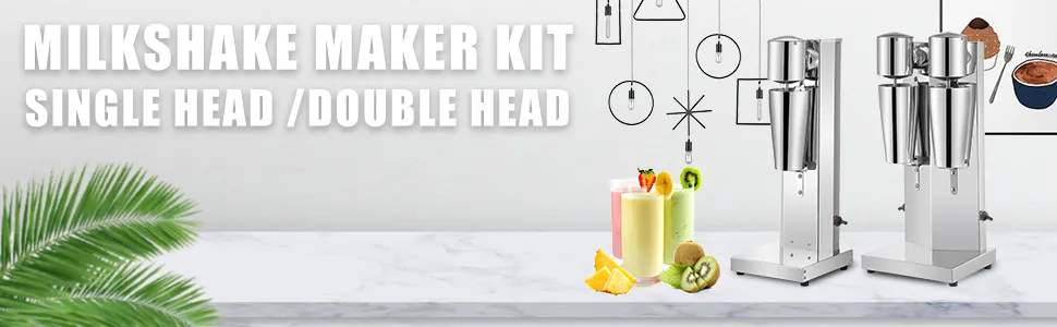 VEVOR milkshake maker kit: single and double head with vibrant fruit smoothies.