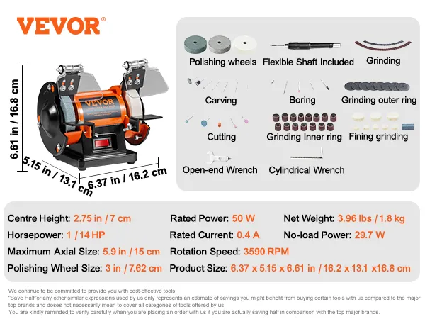 VEVOR bench polisher with polishing wheels, flexible shaft, wrenches, and various grinding accessories.