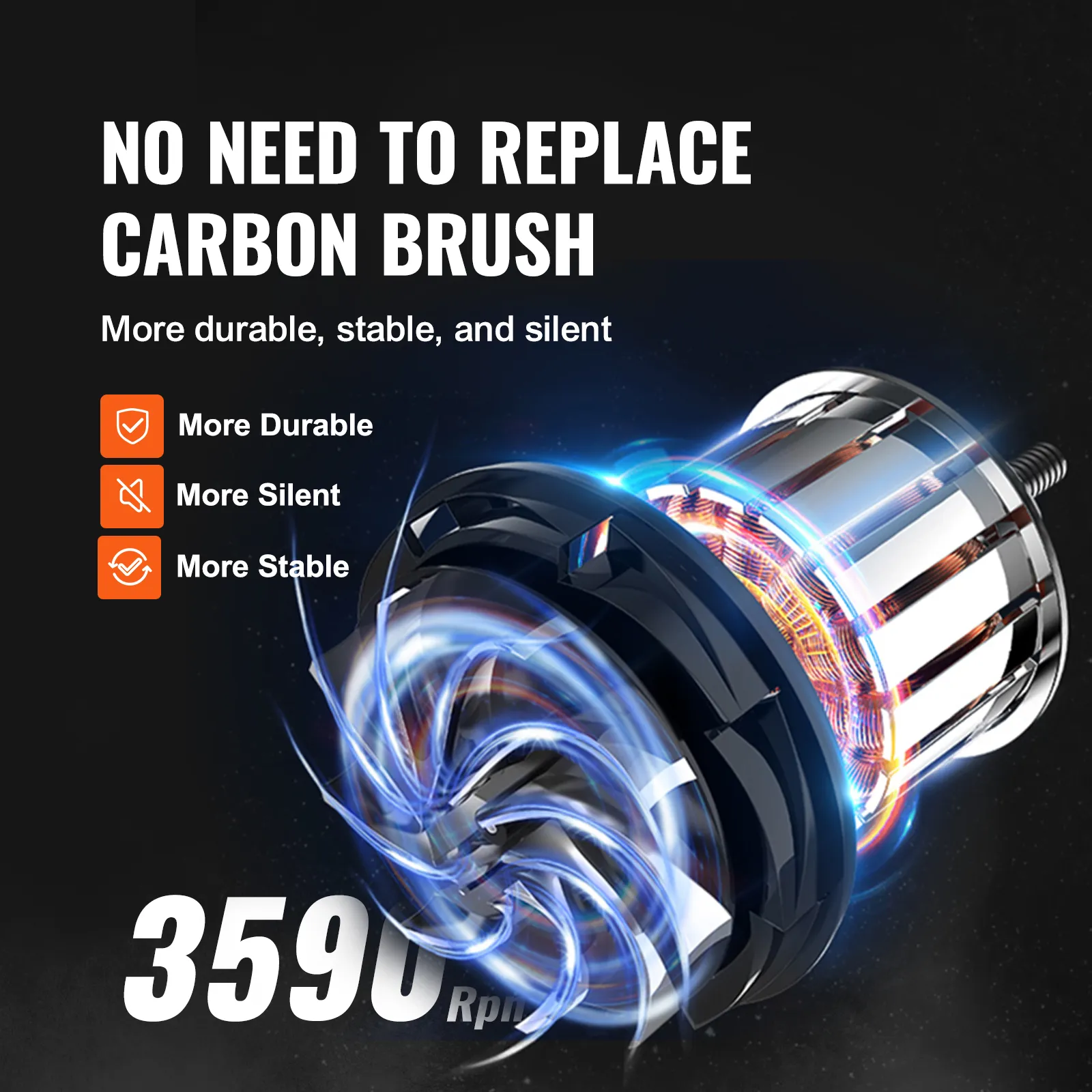 VEVOR bench polisher with 3590 rpm speed, durability, stability, and silent operation.
