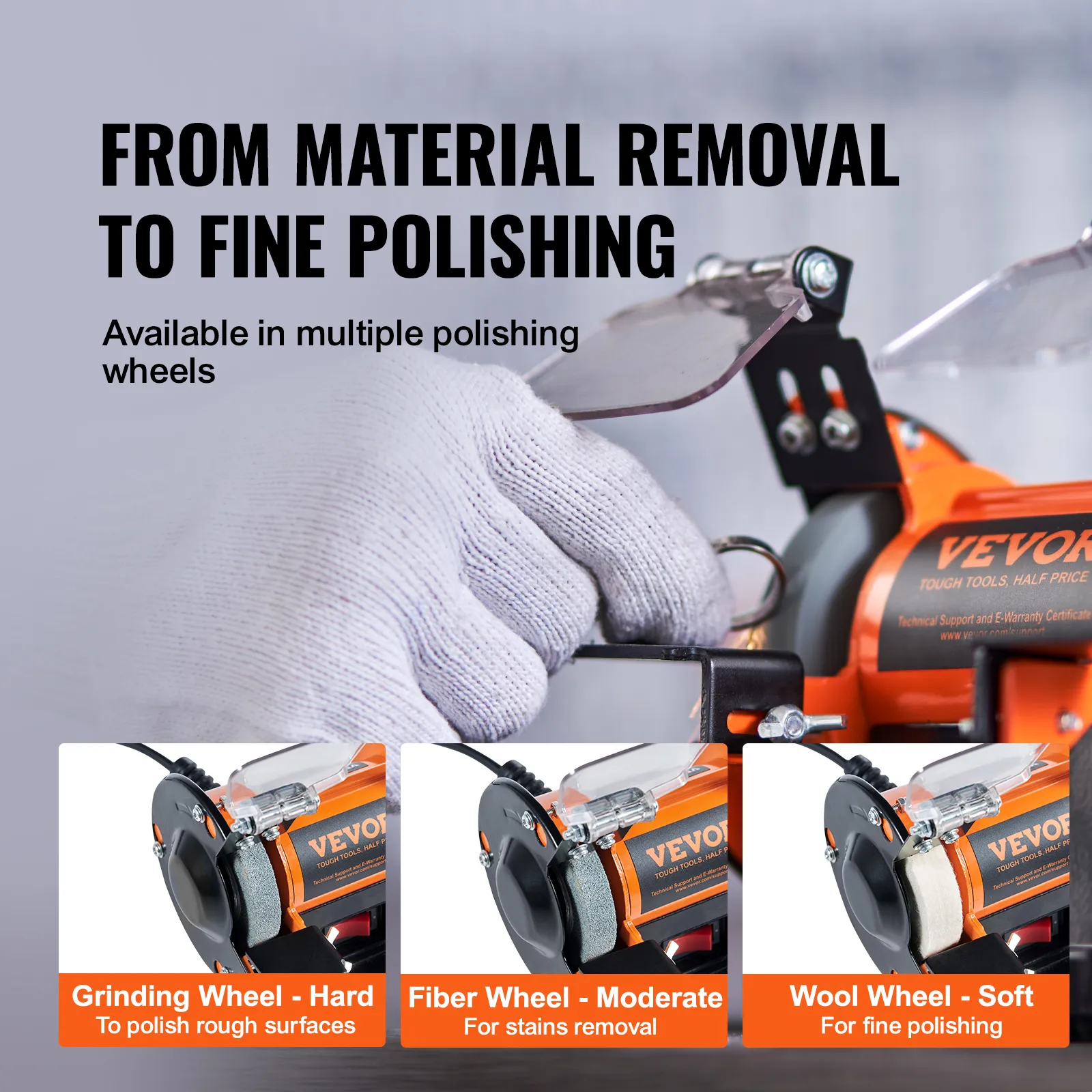 VEVOR bench polisher with grinding, fiber, and wool wheels for material removal and fine polishing tasks.