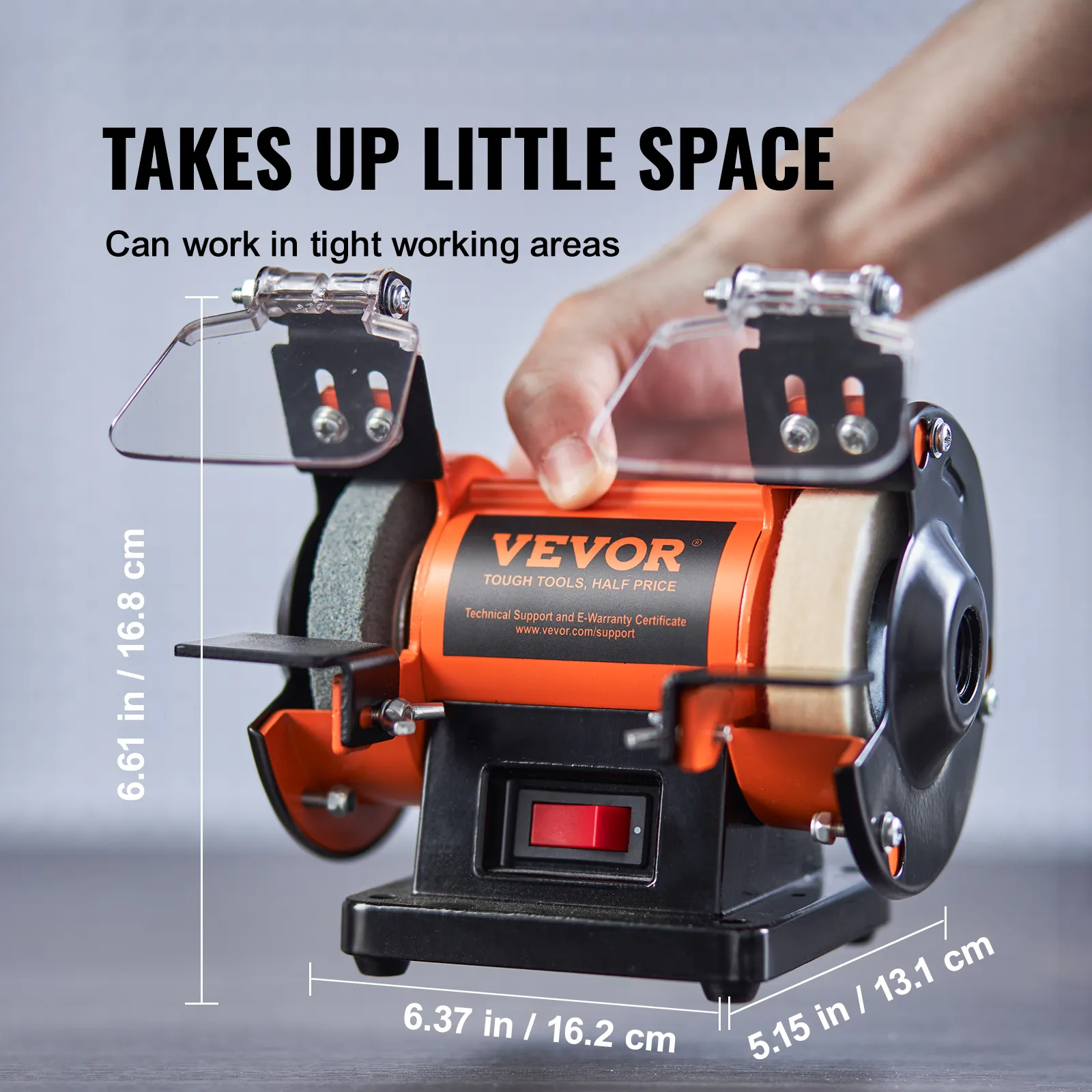 VEVOR bench polisher compact design, ideal for tight spaces, dimensions displayed with hands adjusting.