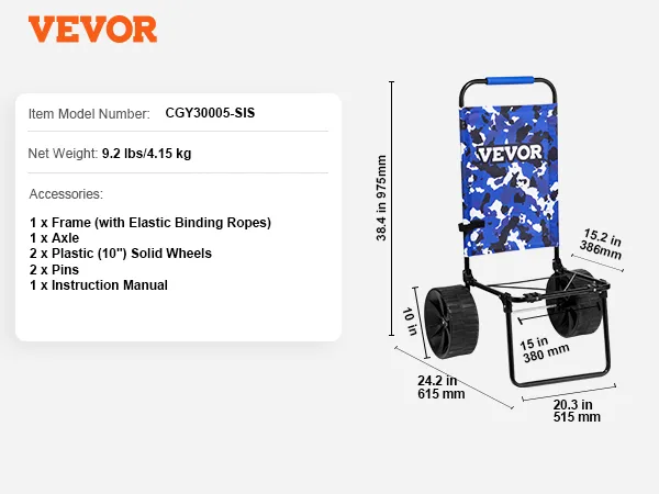 VEVOR beach dolly specs, blue camo design, 38.4in height, 10in wheels, and detailed measurements shown.