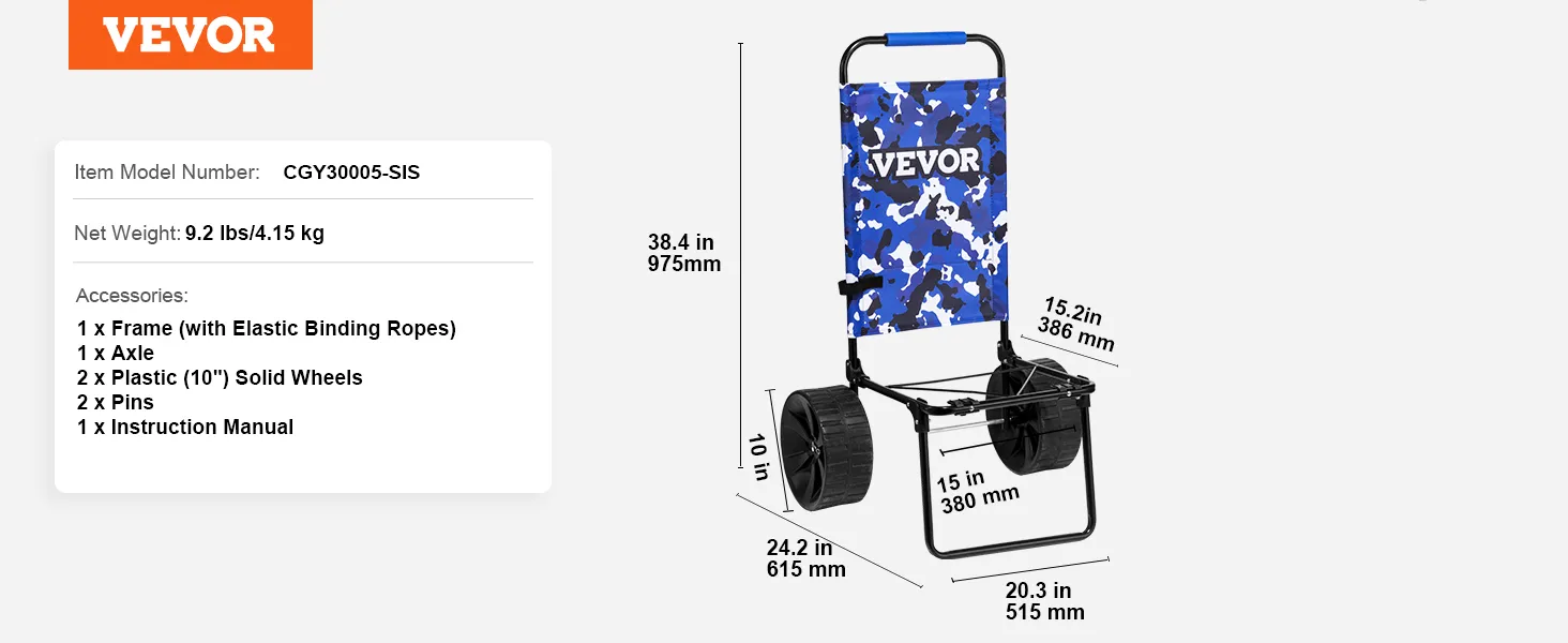 VEVOR beach dolly specs, blue camo design, 38.4in height, 10in wheels, and detailed measurements shown.
