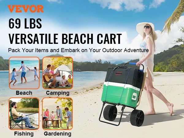 VEVOR beach dolly being pulled on sandy shore with ocean background; versatile for beach, camping, fishing, gardening.