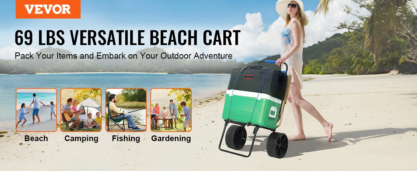 VEVOR beach dolly being pulled on sandy shore with ocean background; versatile for beach, camping, fishing, gardening.