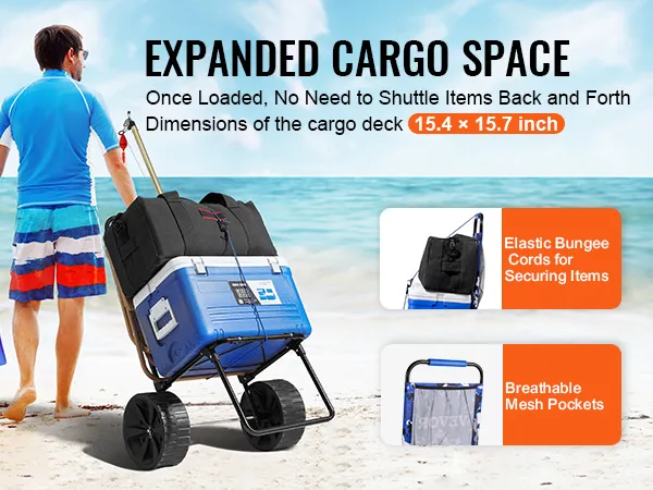 man pulling a VEVOR beach dolly on sand, cooler secured with elastic bungeecords, breathable mesh pockets.
