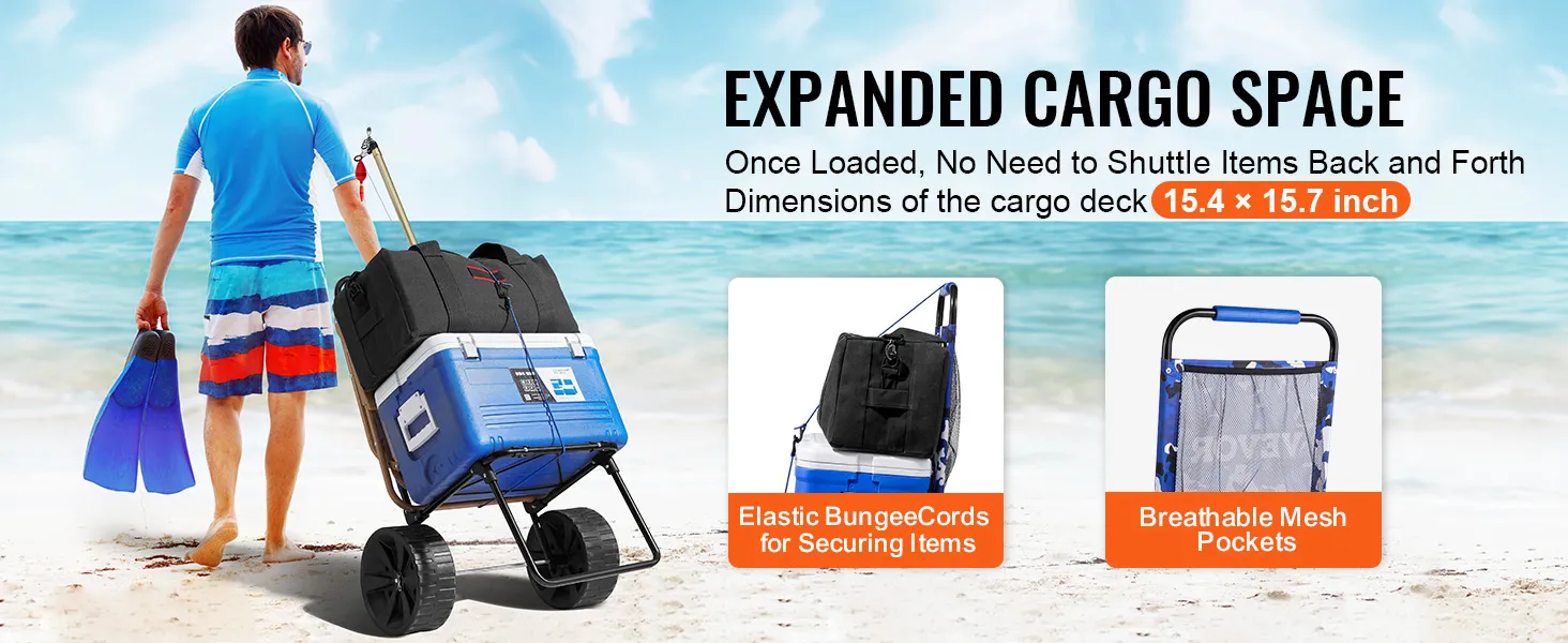 man pulling a VEVOR beach dolly on sand, cooler secured with elastic bungeecords, breathable mesh pockets.