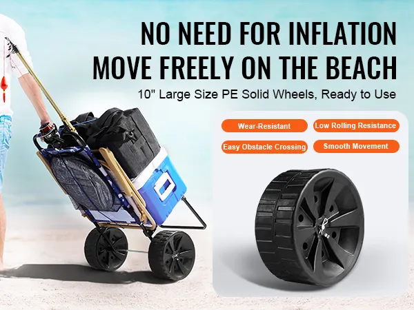 man pulling a loaded VEVOR beach dolly with solid wheels, showcasing easy movement on sand.