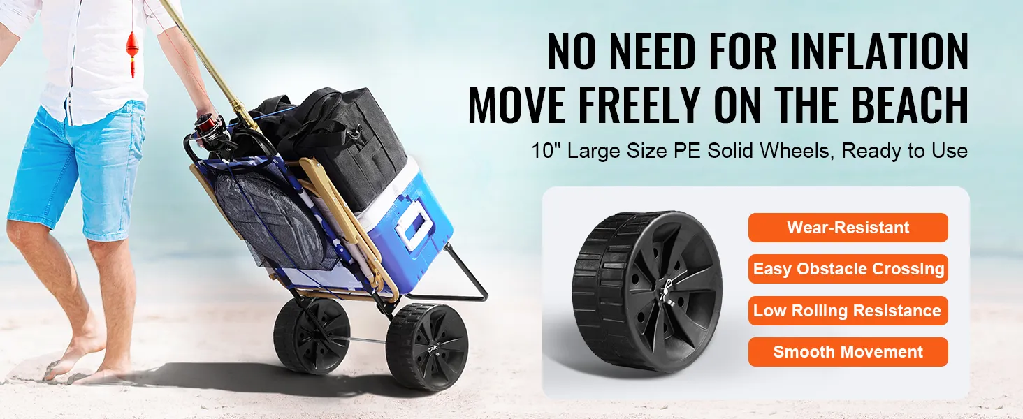 man pulling a loaded VEVOR beach dolly with solid wheels, showcasing easy movement on sand.