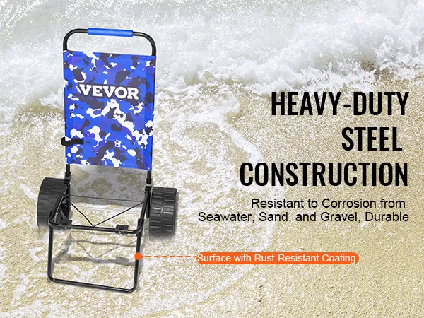 VEVOR beach dolly with heavy-duty steel construction and rust-resistant coating on sandy shore.