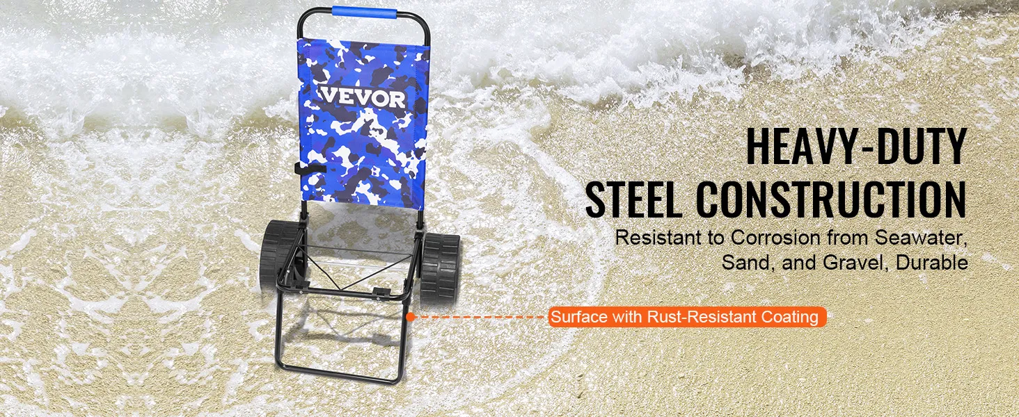 VEVOR beach dolly with heavy-duty steel construction and rust-resistant coating on sandy shore.