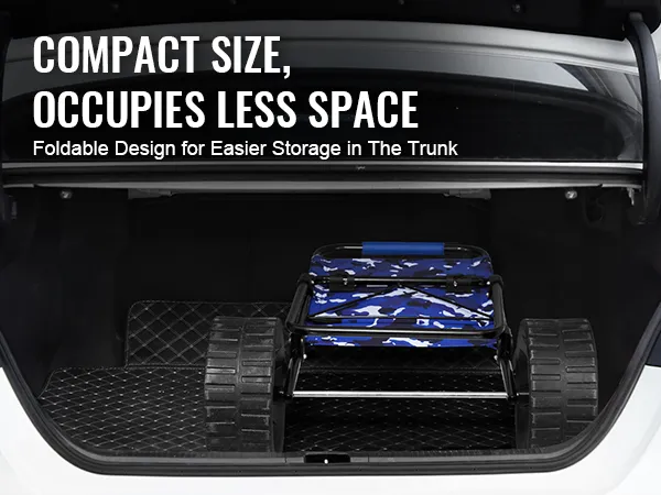 VEVOR beach dolly folded in a car trunk, showcasing its compact size and foldable design for easy storage.