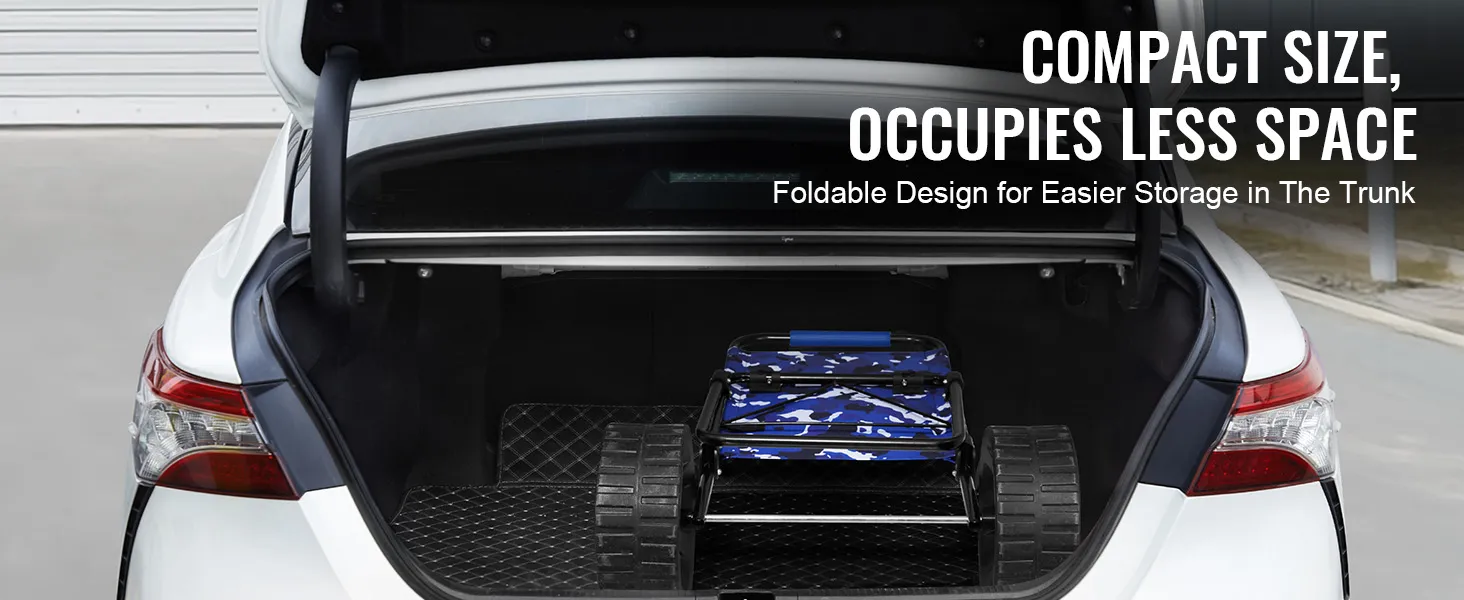 VEVOR beach dolly folded in a car trunk, showcasing its compact size and foldable design for easy storage.