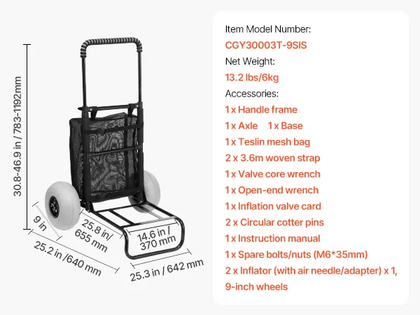 VEVOR beach dolly with accessories including screwdriver, straps, inflator, bolts, and 9-inch wheels