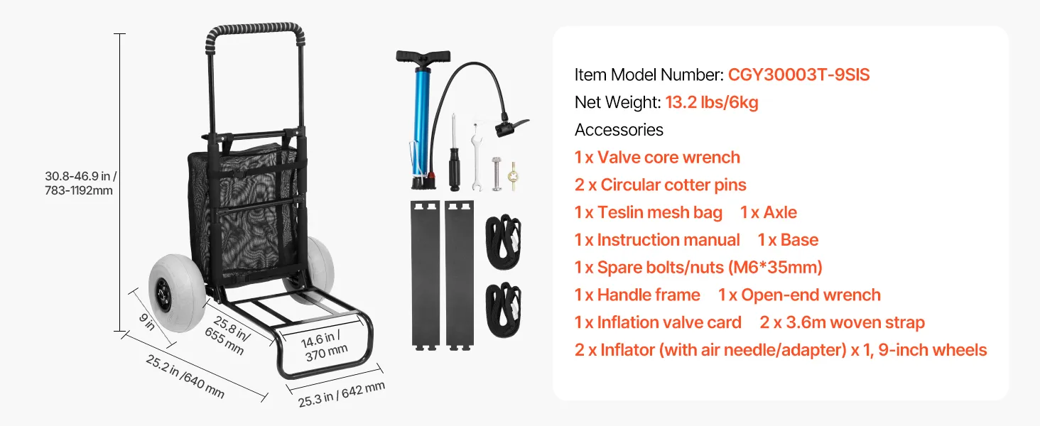 VEVOR beach dolly with accessories including screwdriver, straps, inflator, bolts, and 9-inch wheels
