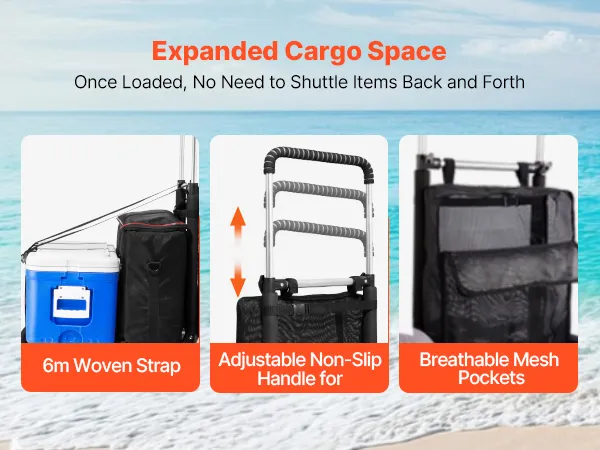 person on beach with VEVOR beach dolly carrying cooler and bags, featuring adjustable handle and mesh pockets.