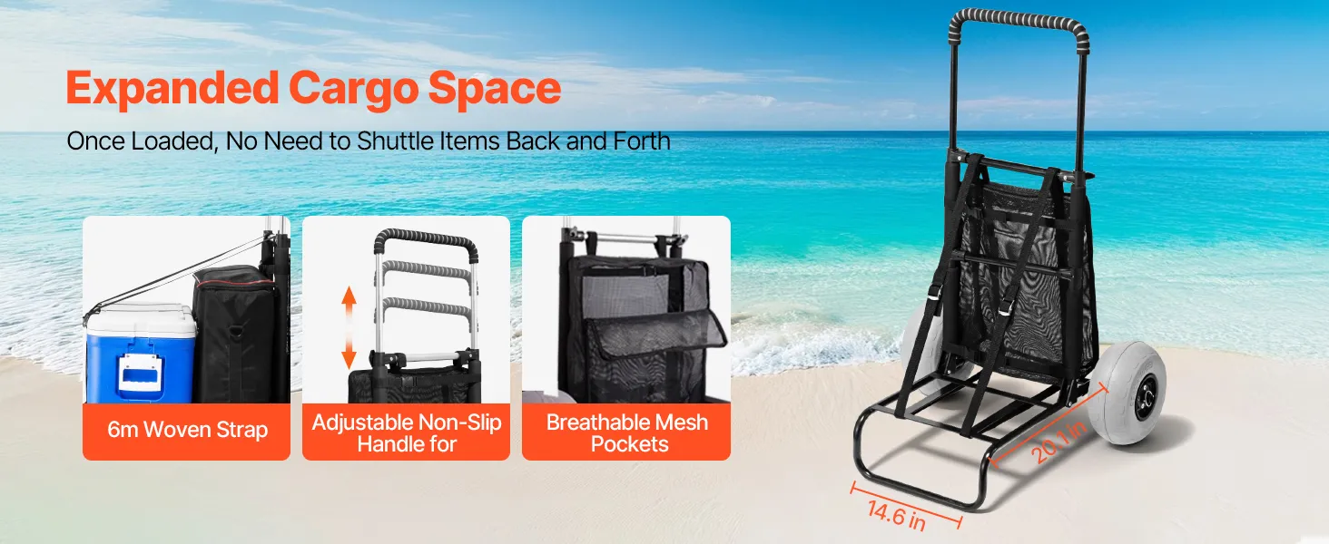 person on beach with VEVOR beach dolly carrying cooler and bags, featuring adjustable handle and mesh pockets.