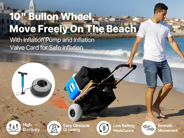 person using VEVOR beach dolly with 9" balloon wheel, cooler, bag, and pump on sandy beach.