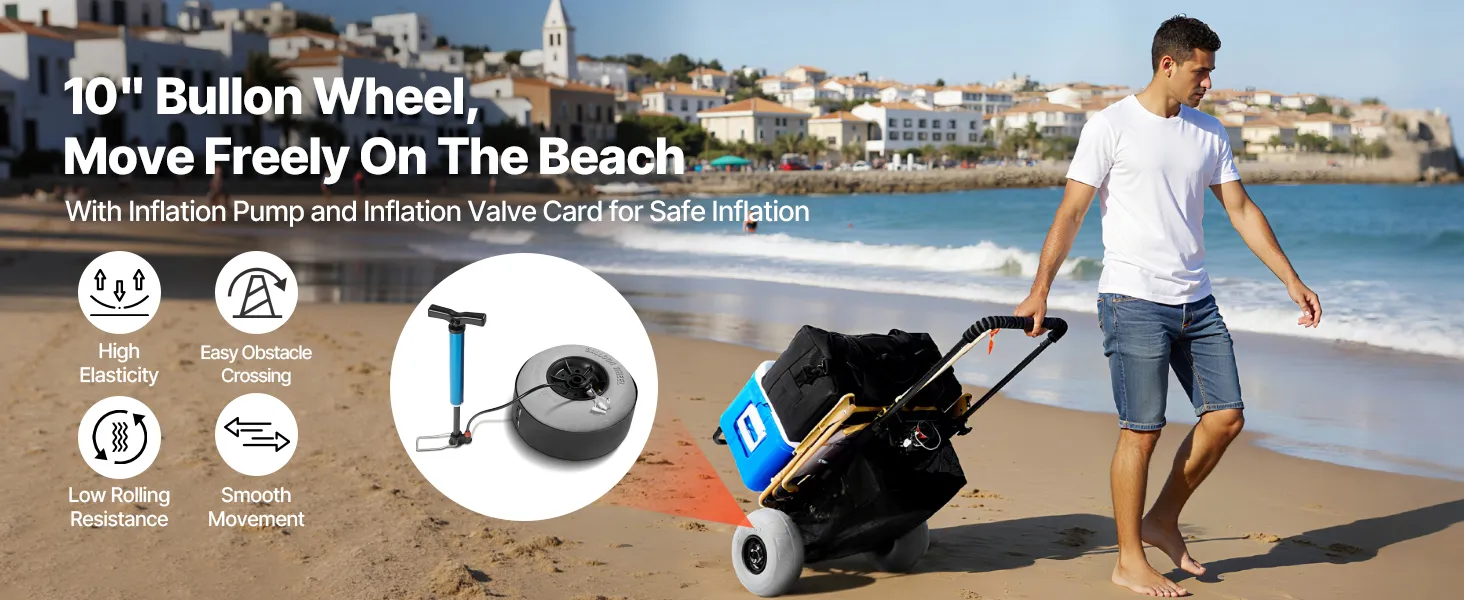 person using VEVOR beach dolly with 9" balloon wheel, cooler, bag, and pump on sandy beach.