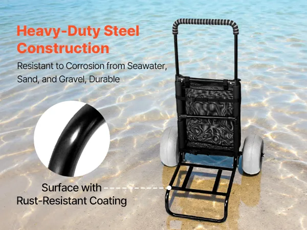 VEVOR beach dolly with heavy-duty steel construction and rust-resistant coating on sandy beach.