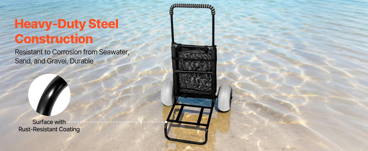 VEVOR beach dolly with heavy-duty steel construction and rust-resistant coating on sandy beach.