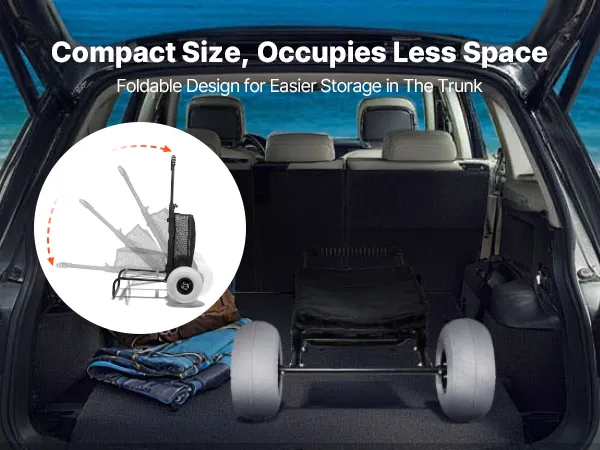 VEVOR beach dolly folded in a car trunk, showcasing its compact size and easy storage.