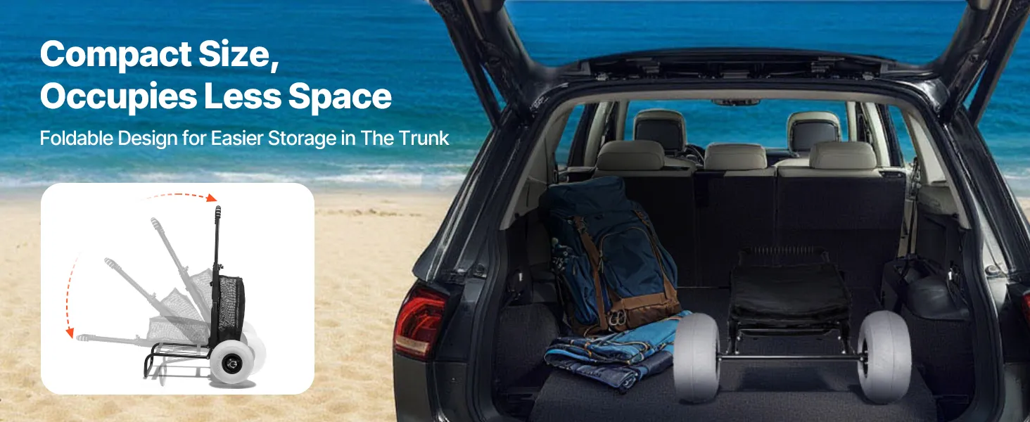 VEVOR beach dolly folded in a car trunk, showcasing its compact size and easy storage.