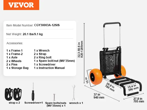VEVOR beach cart with orange wheels, adjustable height, and included accessories: straps, wrench, and screwdriver.