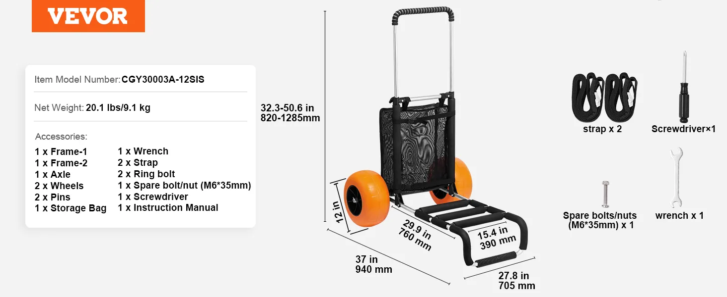 VEVOR beach cart with orange wheels, adjustable height, and included accessories: straps, wrench, and screwdriver.
