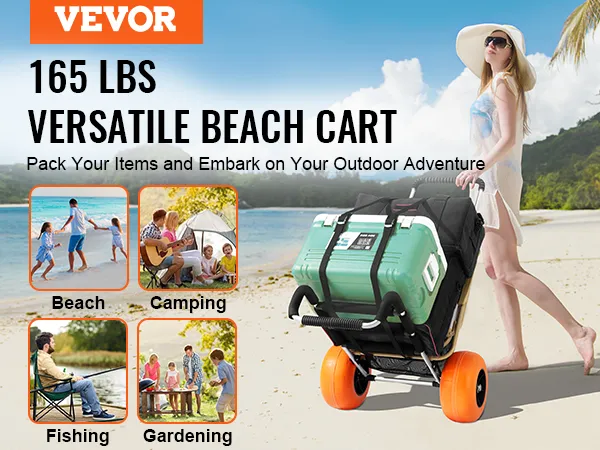 VEVOR beach cart on sandy shore, featuring versatile uses for beach, camping, fishing, and gardening.