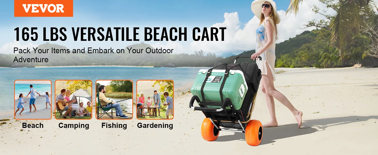 VEVOR beach cart on sandy shore, featuring versatile uses for beach, camping, fishing, and gardening.