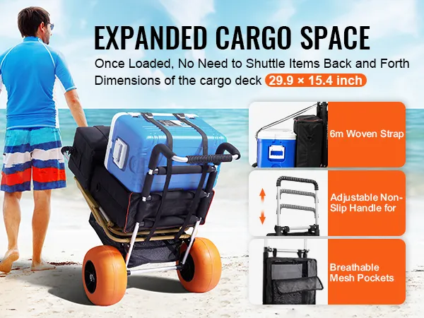 man pulling VEVOR beach cart loaded with cooler, bags, and flippers by the sea, with product features.