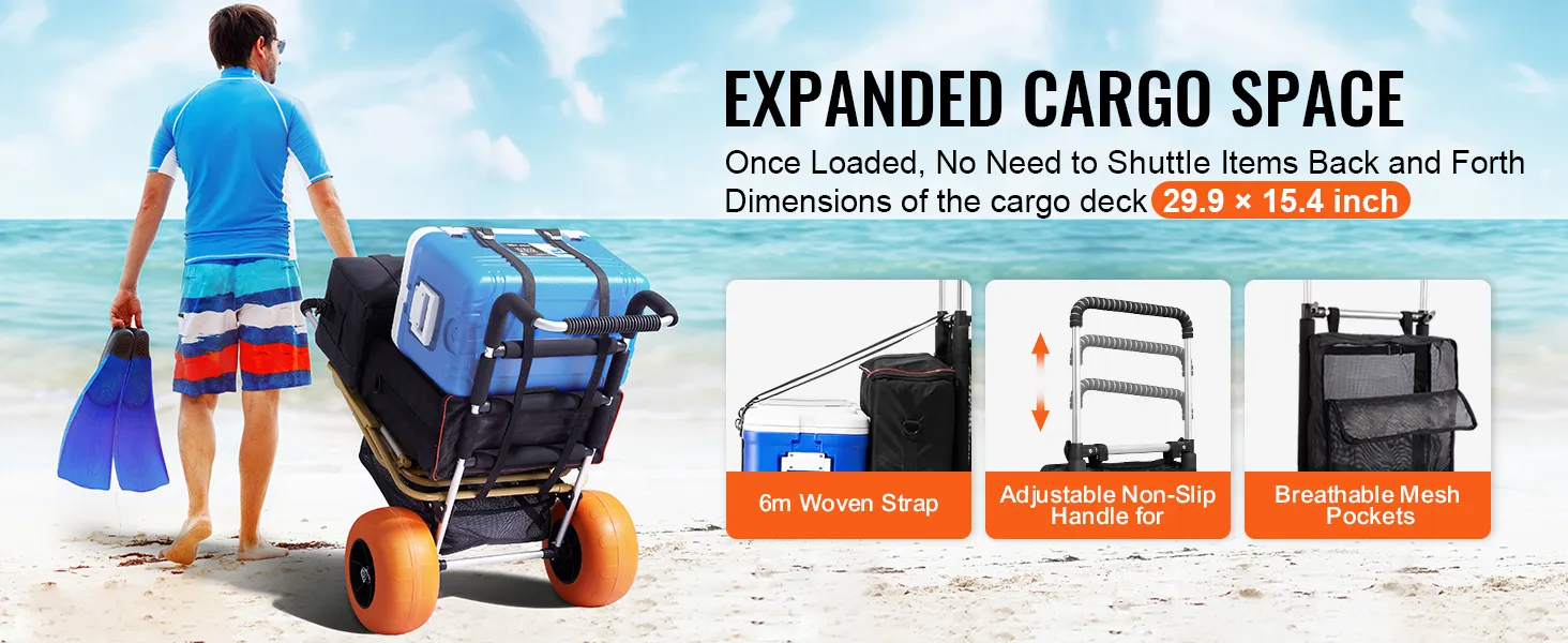 man pulling VEVOR beach cart loaded with cooler, bags, and flippers by the sea, with product features.