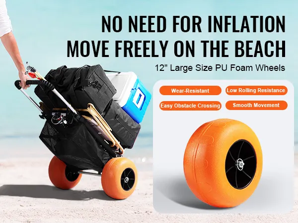 man pulling VEVOR beach cart with large pu balloon wheels on sandy beach. features include wear resistance.