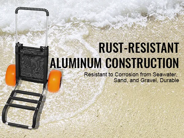VEVOR beach cart with rust-resistant aluminum frame on sandy shore with orange wheels.