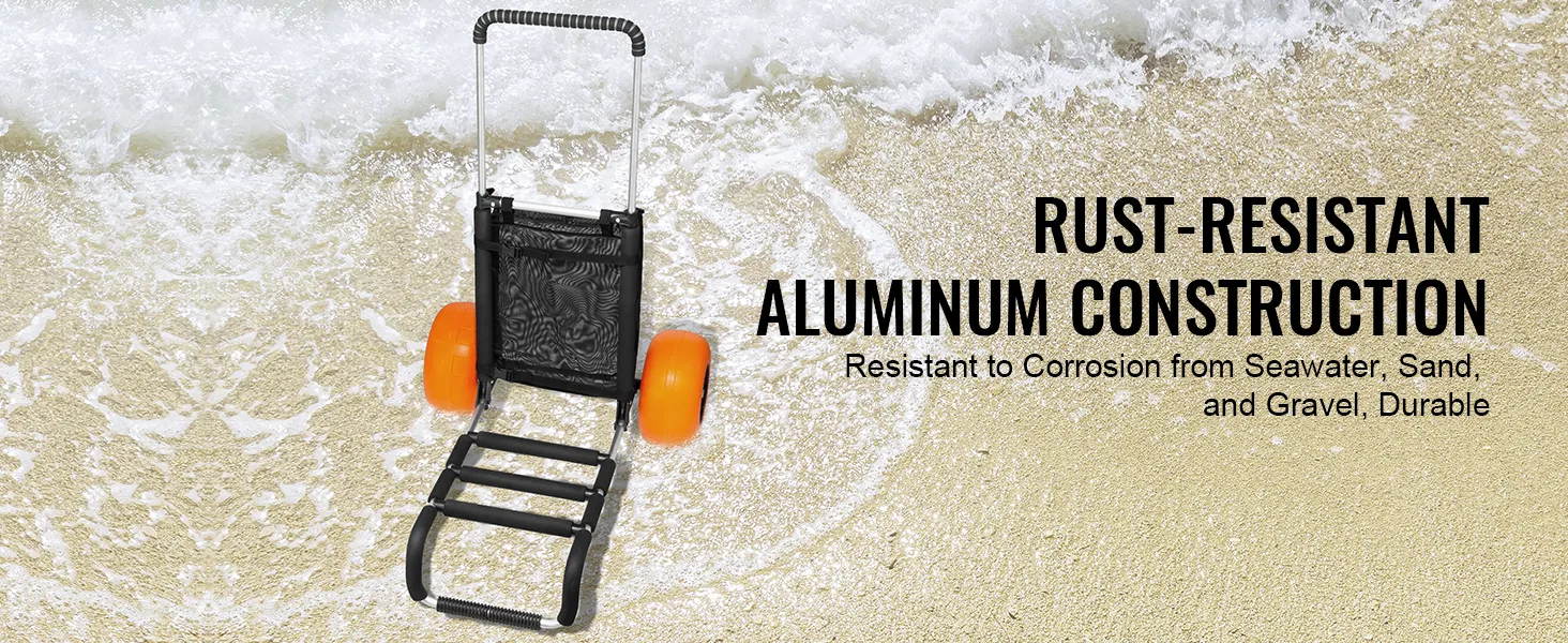 VEVOR beach cart with rust-resistant aluminum frame on sandy shore with orange wheels.