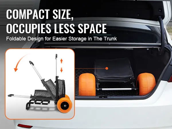 VEVOR beach cart folded in a car trunk for easy storage, emphasizing compact design and orange wheels.