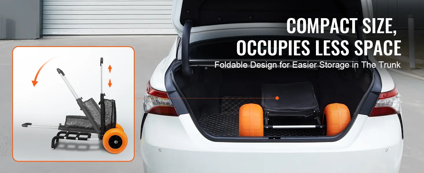 VEVOR beach cart folded in a car trunk for easy storage, emphasizing compact design and orange wheels.