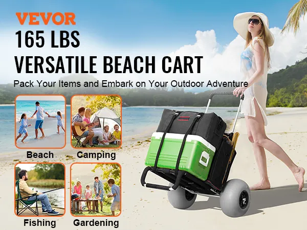 VEVOR beach dolly hauling cooler and bags on sandy beach, ideal for beach, camping, fishing, gardening.
