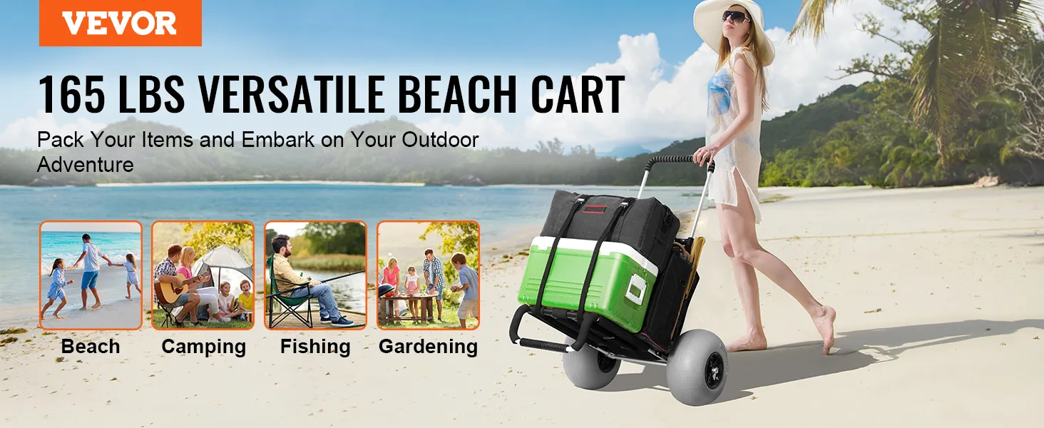 VEVOR beach dolly hauling cooler and bags on sandy beach, ideal for beach, camping, fishing, gardening.