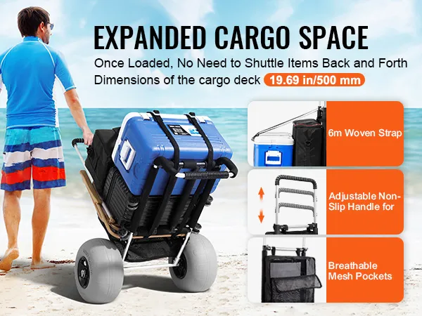 man pulling a VEVOR beach dolly with cooler on sandy beach, showcasing large wheels and cargo space.