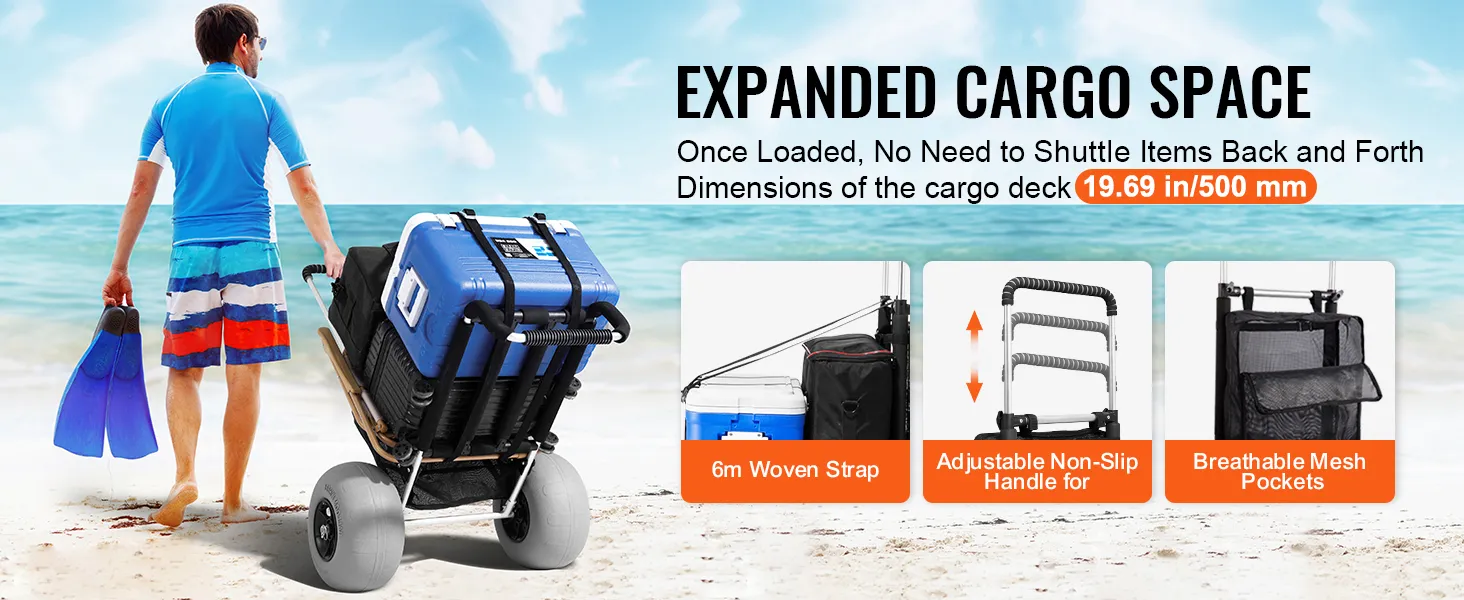man pulling a VEVOR beach dolly with cooler on sandy beach, showcasing large wheels and cargo space.